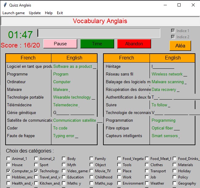 Quizz d'anglais result clue